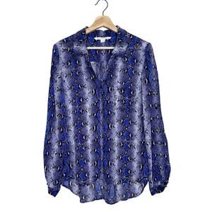 Diane Von Furstenburg Snake Skin 100% Silk Button Down Blouse Blue/Black Size 10